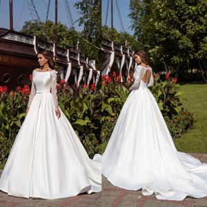 Eleganti abiti da sposa a trapezio a bateau in raso maniche lunghe in pizzo con design dei candidati in vita abito da corte abito su misura abito da sposa taglie forti vestidos de novia