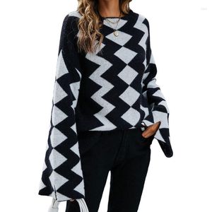 Women's Polos Crew Neck Sweaters Women Diamond Plaid Crewneck With Flared Long Sleeve Oversized Tops For Necklaces