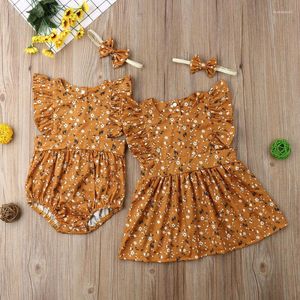 Roupas Conjuntos de roupas para crianças pequenas roupas de irmãzinha mangas Floral Ruffle Rodper /Dress Summer Summer Family Matching Roupfits