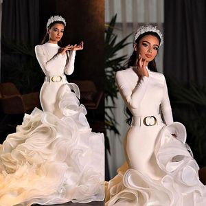 Abito da sposa sirena semplice collo alto a strati volant tromba abiti da sposa maniche lunghe bohémien Robe De Soiree