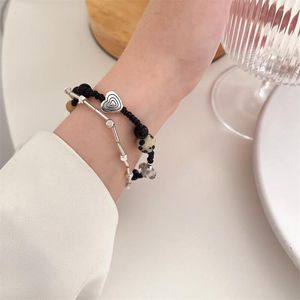 Bracelets de charme Black Pinched Double Cayer Rice Breads Bracelet Heart For Women Trend Sweet Cool Vintage Jóias de moda casual