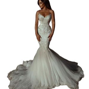 Fada querida sereia vestidos de casamento renda apliques vestido de noiva feito sob encomenda cristais sem mangas vestidos de casamento2356