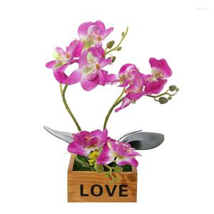 Dekoratif Çiçekler Yapay Çiçek Bonsai İpek Kelebek Orkide Saksı Bitki Seti Ahşap Flowerpot Düğün Ev Bahçe Dekor