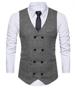 Mäns västar män kostym Vest V Neck Sehingbone Slim Form Formal Green/Black/Brown Business Double Breasted Waistcoat Groomman For Wedding