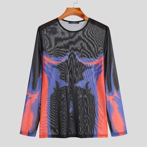 Men's T Shirts 2022 Fashion Men Shirt Printing O-neck Long Sleeve Mesh Transparent Streetwear Casual Camisetas Sexy Undershirt