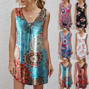 Casual Dresses for Women 2022 Fashion V-ringad ärmlös klänning tryckt Daliy Loose Mini Ladies Summer Sundress Robe