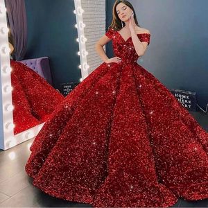 Luxury Ball Gown Sequin Evening Dresses 2023 Women Formal Party Night Off The Shoulder Robe De Soiree Elegant Long Prom Gowns