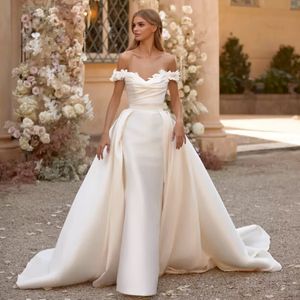 Sexy V-Neck Mermaid Wedding Dresses for Bridal Off the Shoulder Detachable Train Ivory Satin Vestidos De Novia