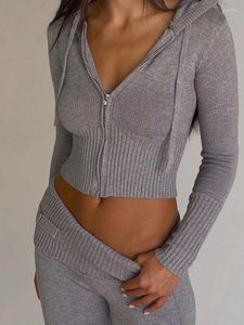 Damen Zweiteilige Hose Y2K Langarm Strick Sweatshirt Damen Sexy 2 Sätze Reißverschluss Kapuze Crop Pullover Skinny Suit Fashion Trainingsanzug