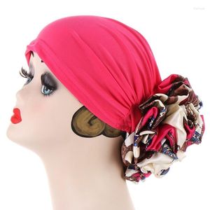 Ethnic Clothing Stretchy Satin Flower Turban Bonnet For Women Muslim Under Hijab Caps Solid Color Islamic Inner Hijabs Headwrap Chemo Cap