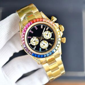 Orologi da uomo con diamanti Orologio meccanico automatico con lunetta arcobaleno Cinturino in acciaio da 40 mm Chiusura pieghevole Orologio da polso in oro di lusso Regalo per uomo Vita impermeabile Montres de luxe