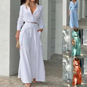 Women's Two Piece Pants Deioao 2 Sets Women Outfit Long Sleeve Fall Luxury Elegant Shirt And Lapel Body Bell Bottoms Female Clothing