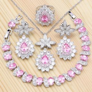 Necklace Earrings Set Silver 925 Bridal For Women Pink Cubic Zirconia Ring Bracelet Pendant Wedding Jewelry Accessories