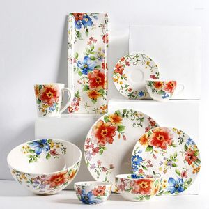 Plates Ceramic Dinner Plate Dish Rice Salad Bowl Retro Porcelain Tray Household Tableware Set Round Crockery