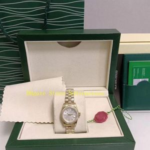 Real Po med originalbox Kvinnor Watch Ladies 18kt Yellow Gold 26mm Silver Dial Diamond Bezel 69173 President Armband AU274T