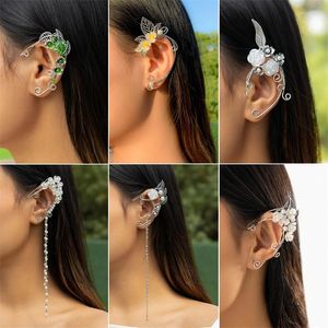 Backs Earrings Retro Non-piercing Flowers Ear Bone Clip Rose Branch Vine Leaf Elf Tassel For Women Handmade Cuff Jewelry 1Pcs