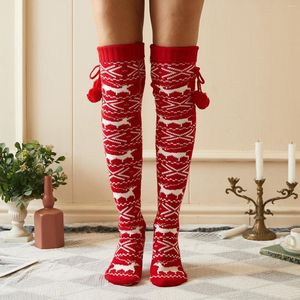 Women Socks Cartoon Coral Velvet Knee Lady Lovely Warm Comfortable Thick Long Winter Cute Striped Christmas Stockings