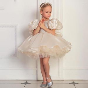 Girl Dresses Cute Scoop Ball Gown Flower Dress Puffy Princess Communion With Bow Sleeves Mini Satin Kids Formal Party