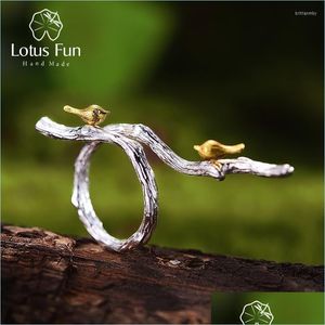 Küme halkaları küme halkaları lotus eğlenceli gerçek 925 sterling sier orijinal el yapımı ince mücevher ayarlanabilir yüzük 18k altın kuş dal dh01l