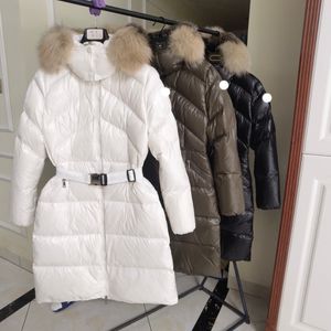 designer women Long style down jacket embroidered badge women winter Hairball Tapered waist puffer coat jackets Womens color white black size 1/2/3/4
