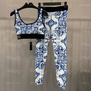 Vintage Womens Yoga Outfits Printed Women Sports Padded Tanks Leggings Set Fashion Summer Jogging Running GYM Exercise Fitness Sportswear