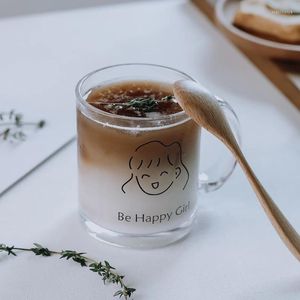 Mugs 320ml Lovely Printed Glass Coffee Mug Milk Tea Cup Transparent Handle Drinkware Happy Girl Boy Couple Lover Gifts