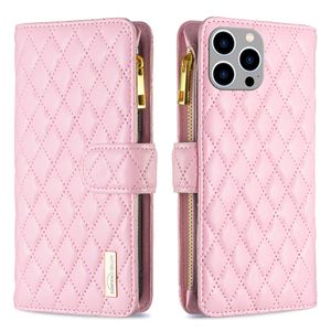 Wallet Phone Cases for iPhone 14 13 12 11 Pro Max XR XS X 7 8 Plus Rhombic Style Design Lambskin Leather Feeling Flip Kickstand Cover Case with Zipper Coin Purse