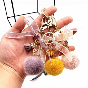 Cute Bow Keychain Lace Ball Favor Bag Plush Pendant Cartoon Car Key Chain for Women Bag or Cellphone Keyring