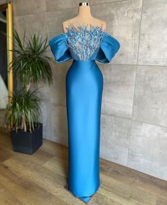Satin Blue Sheath Evening Dresses Off Shoulder Sequins Short Sleeve Prom Gowns Formal Party vestidos de fiesta