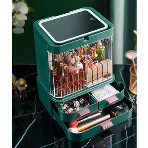 Caixas de armazenamento Caixa de cosméticos com espelho LED Light Desktop Makeup Organizer Case de gaveta à prova de poeira para cosméticos