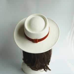 Berets 01910-shi British Style Winter Wool White Solid Orange Ribbon Classic Fedoras Cap Men Women Jazz Hat