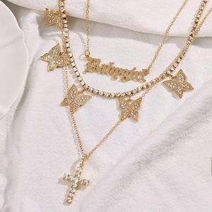 Ketten 2022 Mehrschichtige Strass Schmetterling Halskette Schmuck Kristall Kreuz Babygirl Brief Anhänger Lange Kette Choker Boho Schmuck