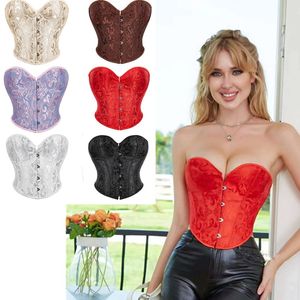 Floral Brocade Corset Crop Top - Lace-Up Overbust Bustier, Plastic Boned Waist Cincher