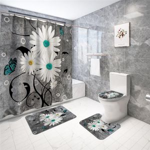 Toilet Seat Covers White Daisy Print Home Decor Bathroom Cover Sets Waterproof Shower Curtain Mats Carpet Rugs Suits