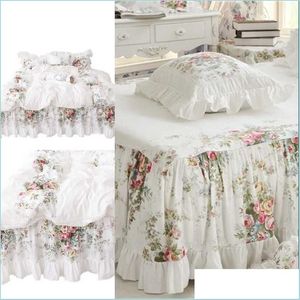 Sängkläder sätter 4st koreansk stil Beige Princess Sängkläder set lyx Rose Printing spets quilt er ruffles Bedstrast Bed Sheet Cotton Quee Dhphb