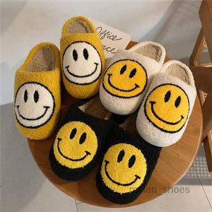 Fashion Women Smile Winter Slippers Soft Plush Faux Fur Shoes Ladies Fluffy Furry Flat Home Indoor Couple Cotton Smiley Face Walking Shoe