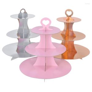 Bakeware Tools 3-Tier Round Cartboard Cake Stand Pink Cupcake Holder Dessert Tower Pastry Serving Platter för Wedding Party Födelsedag