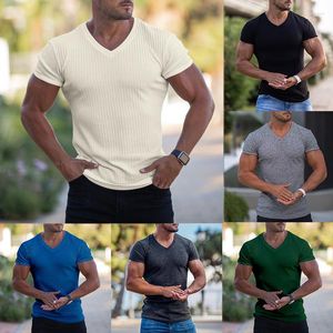 Erkek Tişörtleri Yaz Kısa Kollu Patlayıcı V Yastık Spor Fitness Nefes Alabaç Erkekler Saf Renkli Pamuklu T-Shirt