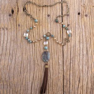 Collane con ciondolo MD Accessorio per gioielli bohémien alla moda Lunghe pietre naturali con nappa Dorp in pietra a croce per regalo da donna