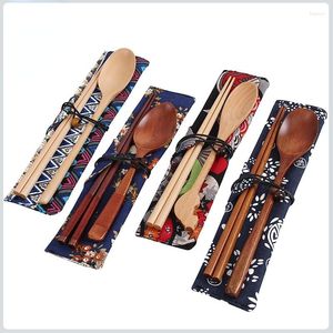 Servis uppsättningar Portabla träbordsartiklar trä japanska stil rese redskap med sked med sked gaffel påse