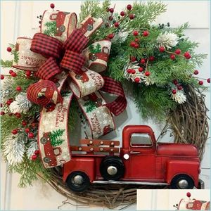 Dekoracje świąteczne czerwona ciężarówka wieniec świąteczne rustykalne jesienne drzwi frontowe sztuczne girlandy wiśnie wiejskie z wstążką wiszącą f dhimy