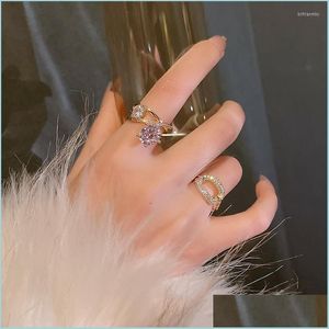 Ringos de cluster Ringos de cluster Korea Design Jóias de moda 14K Real Gold Plating Zircon Geometry Ring Luxury Blue Blue Womens Open adj dhstq