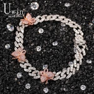 Charm Bracelets Uwin 9mm Cuban Bracelet With Butterfly 9inch Ankle Mini Butterfly Pink Cz Punk Miami Link Bling Hip Hop Jewelry For Gift 221031