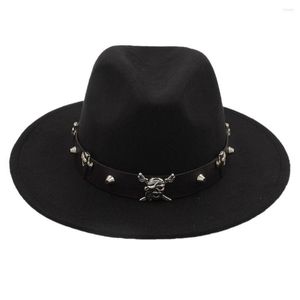 Berets Black Wool Women Men Fedora Hat Wide Brim Chapeu Cloche Godfather Jazz Cap SteamPunk Pirate Belt Size 56-58CM