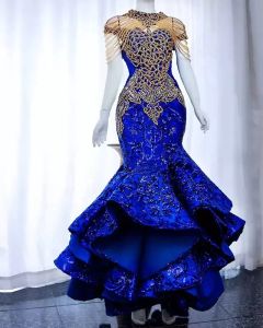 Arabo Aso Ebi lussuoso blu royal abiti da ballo con perline cristalli pizzo sera formale festa secondo abiti da ricevimento abito taglie forti