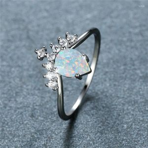 Eheringe Zierliche Silberfarbe Ring Weiß Blau Opal Birnenschliff Stein Luxus Kristall Wassertropfen Dünn Für Frauen Boho Schmuck