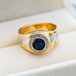 Wedding Rings Male Luxury Yellow Gold Double Color For Men Big Round Blue Crystal Zircon Engagement Promise Ring Eternal Jewelry