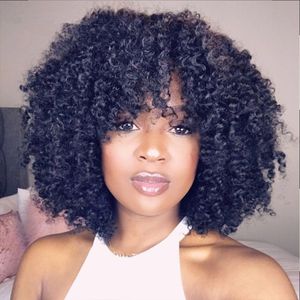 Afro kinky curly bob peruker kort full maskin gjorde peruk med lugg glueless brasiliansk remy människohår för svarta kvinnor 150%densitet 14 tum