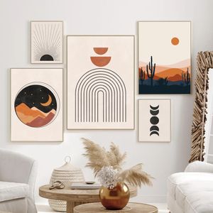 Quadro su tela Astratto Sole Viso Luna Pianta Arancione Tela Arte Dipinti murali Boho Poster e Stampe Immagini nordiche per la camera Home Decor Frameless