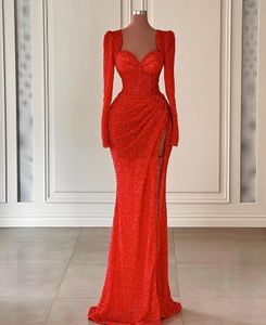 Arabic Sparkly Mermaid Evening Dresses Red Sequins Scoop Long Sleeve Prom Formal Party vestidos de fiesta